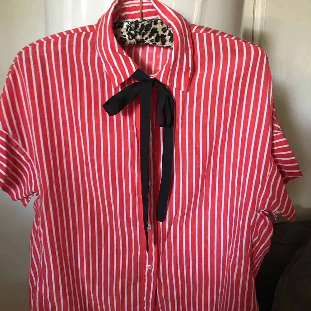 Maje Red & white striped collared blouse with black bow. size 8